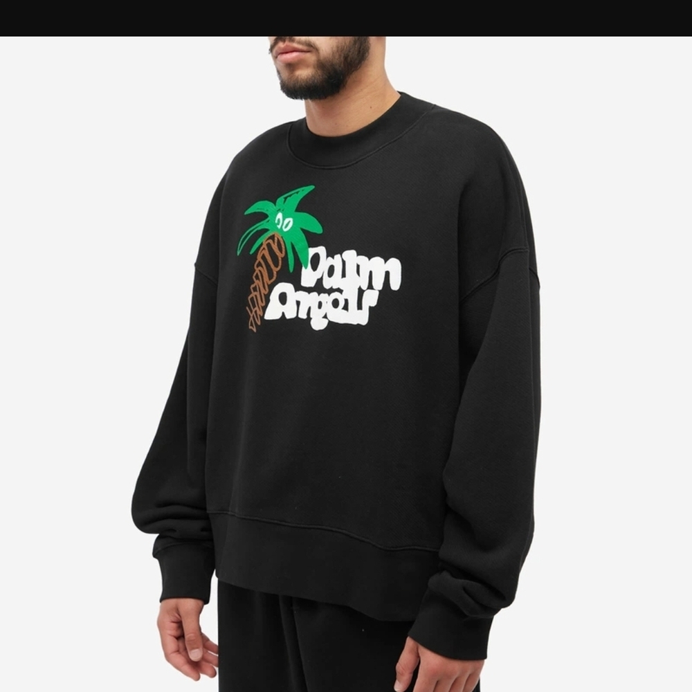 Palm Angels Black Crewneck Sweater with Green Palm Design